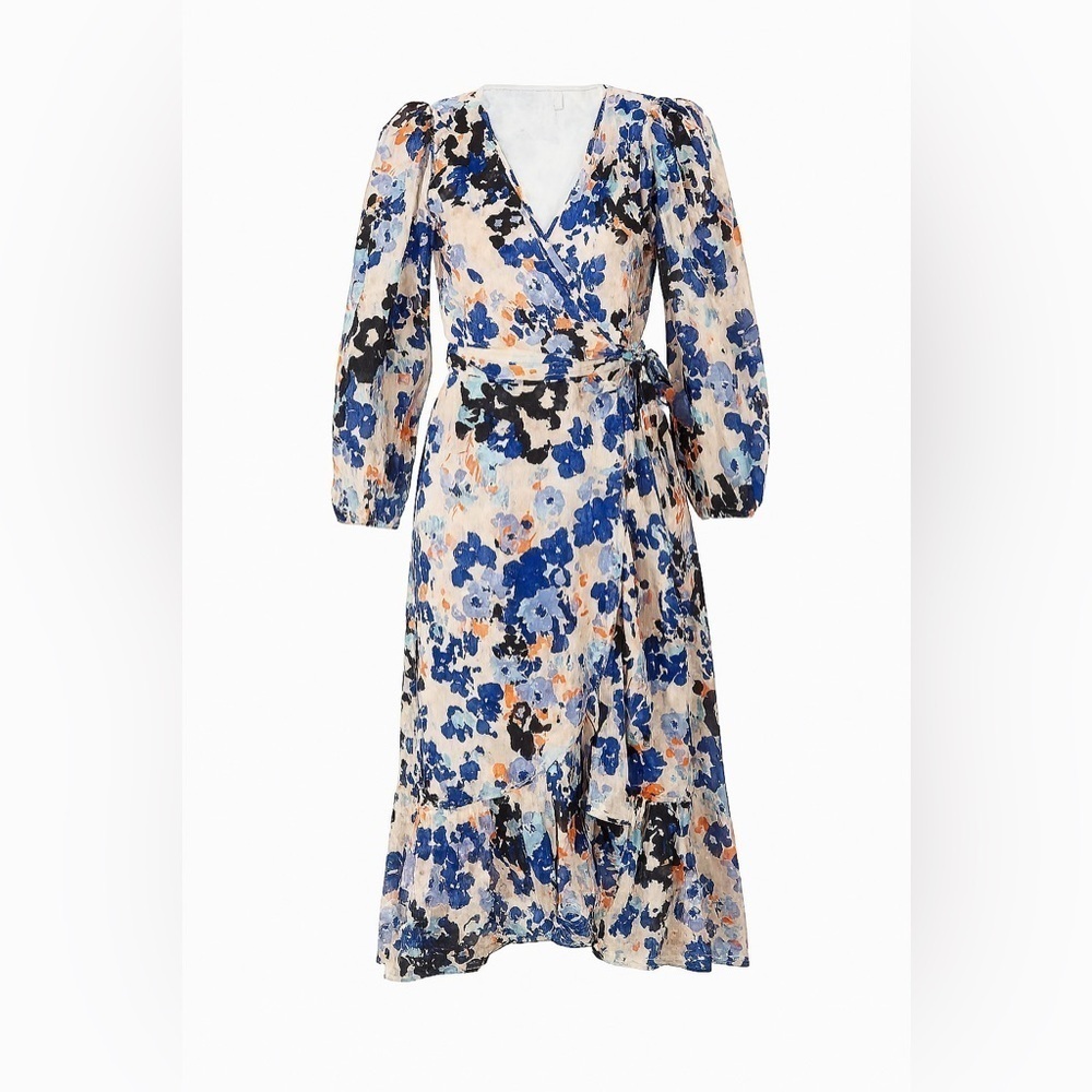 Tanya Taylor Blaine floral wrap midi dress orange blue